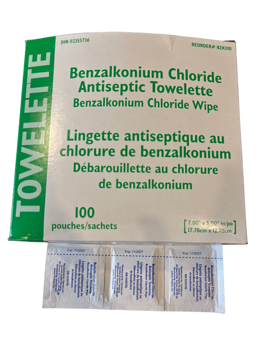 Lingette antiseptique au chlorure de benzalkonium 100 sachets/boîte